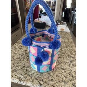 Bag Wayuu Mochila Bucket Boho Colombia Rioacha Blue Peach Coral Crochet New 4733
